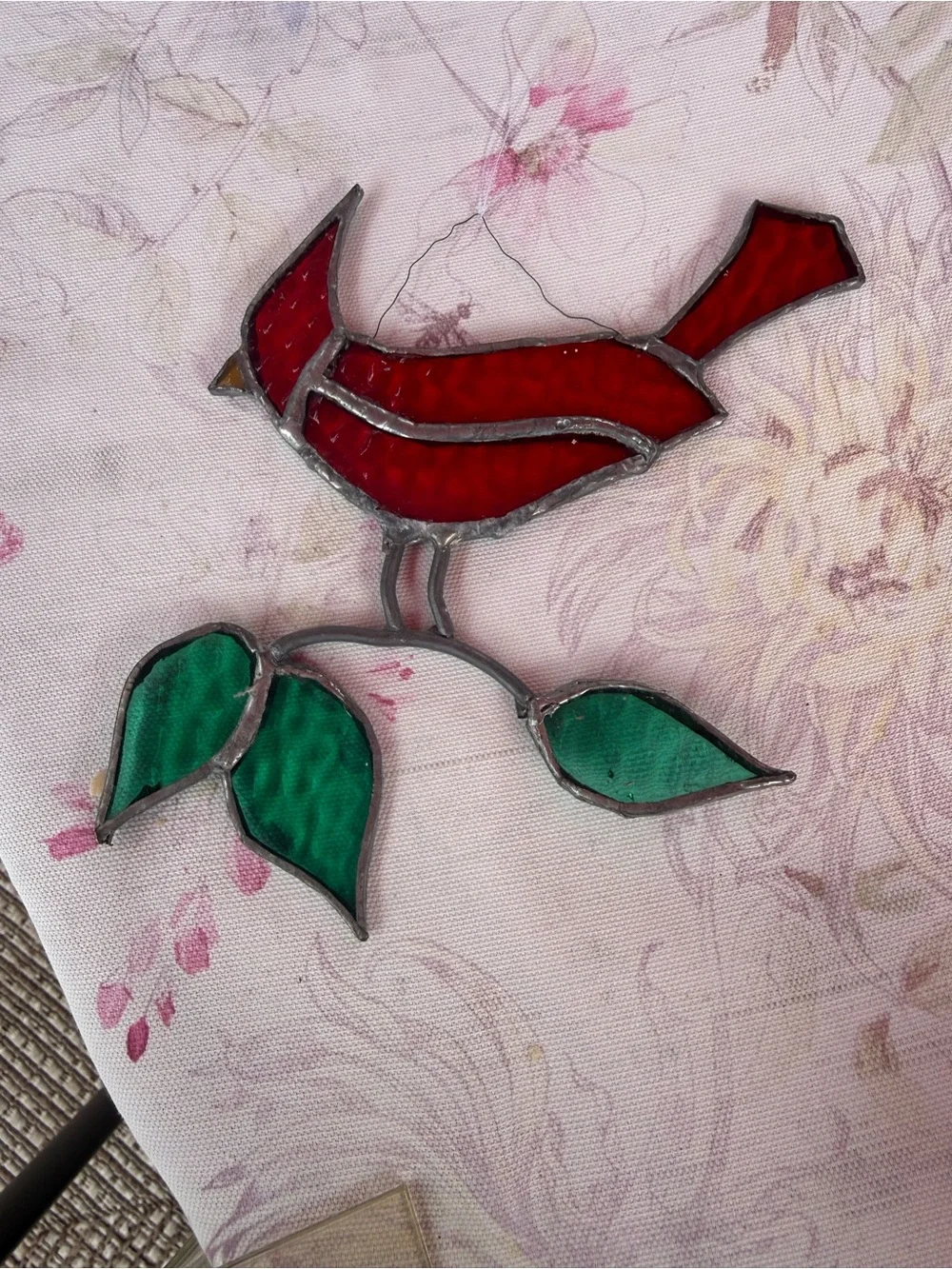 Red Cardinal Stained Glass Wall Accent with Green Leaves